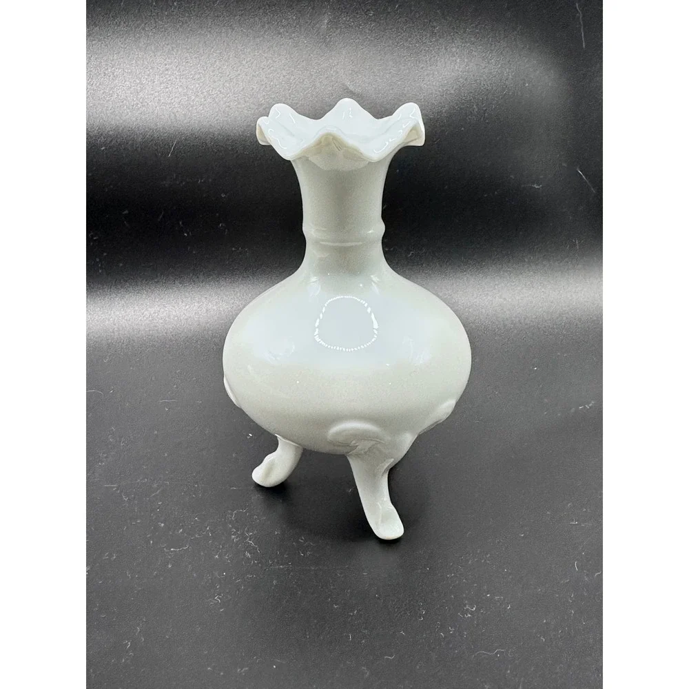 Vintage White Porcelain Bud Vase Ruffled Rim Tripod Base 4.5 Inch Small Decor